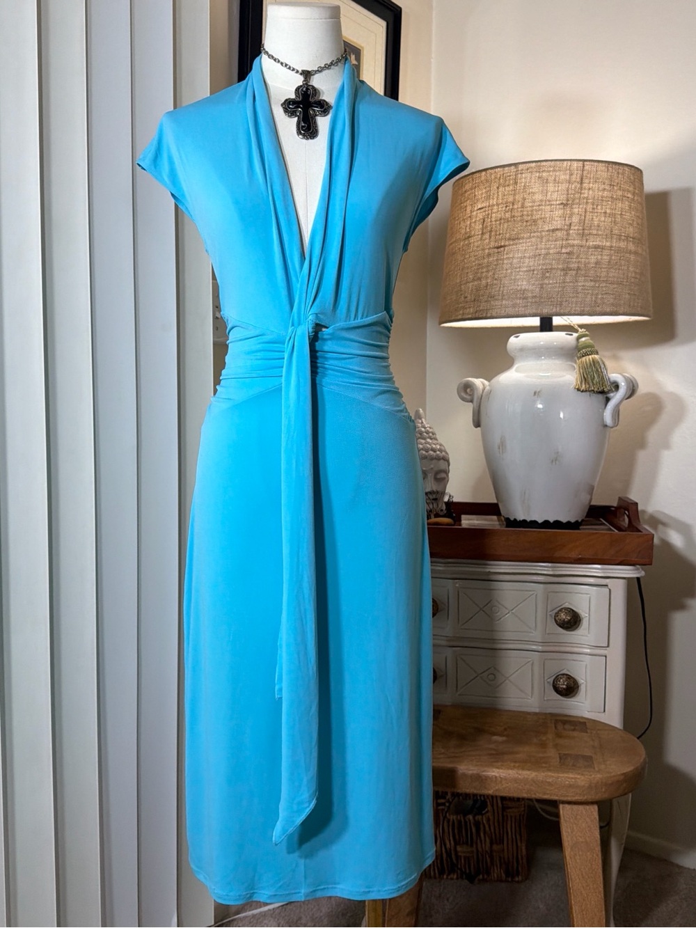 Max & Cleo Turquoise V-Neck Tie-Waist Midi Dress